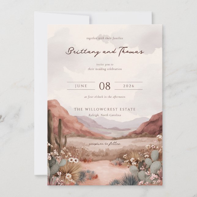Serene Pastel Watercolor Desert Landscape Invitation (Front)