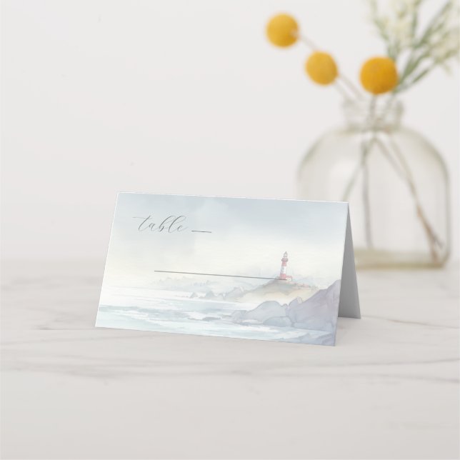 Serene Pastel Watercolor Lighthouse Place Card (Front)