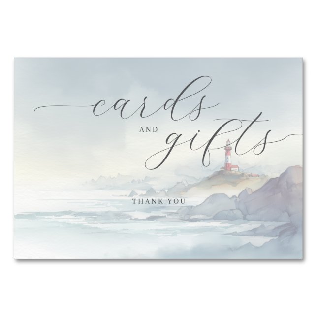 Serene Pastel Watercolor Lighthouse Scene Table Number (Front)