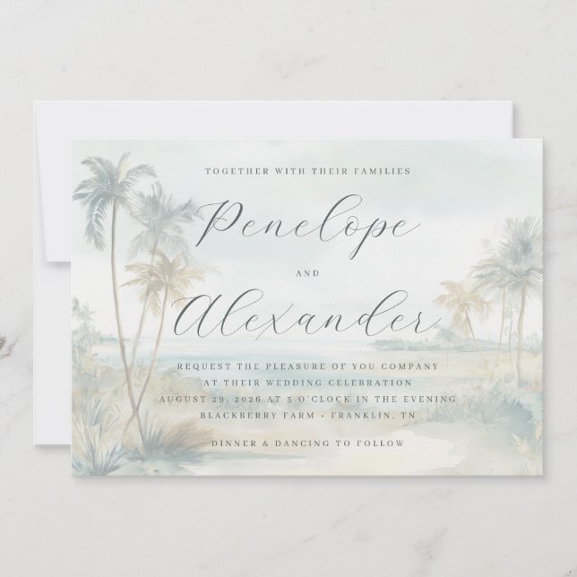 Serene Pastel Watercolor Palm Trees Invitation (Front)