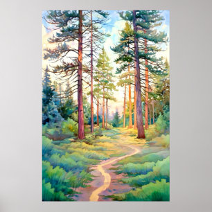 Serene Pine Forest Watercolor Art Print 