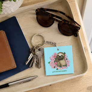 Serene Pink Lighthearted Sloth Floral Key Ring
