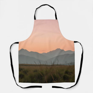 Serene Pink Sunset Mountains Wild Grass Landscape Apron