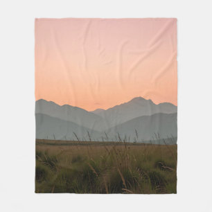 Serene Pink Sunset Mountains Wild Grass Landscape Fleece Blanket