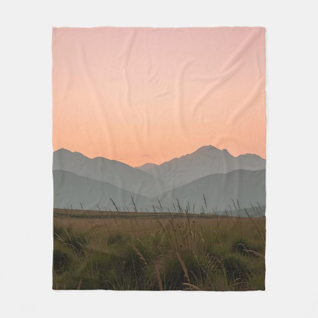 Serene Pink Sunset Mountains Wild Grass Landscape  Fleece Blanket (Front)