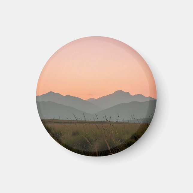 Serene Pink Sunset Mountains Wild Grass Landscape  Magnet (Front)