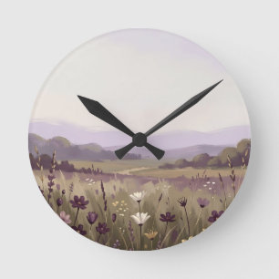 Serene Purple Wildflower Meadow Rolling Hills Round Clock