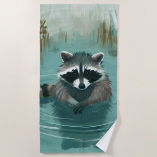 Serene Racoon in Tranquil Waters Beach Towel