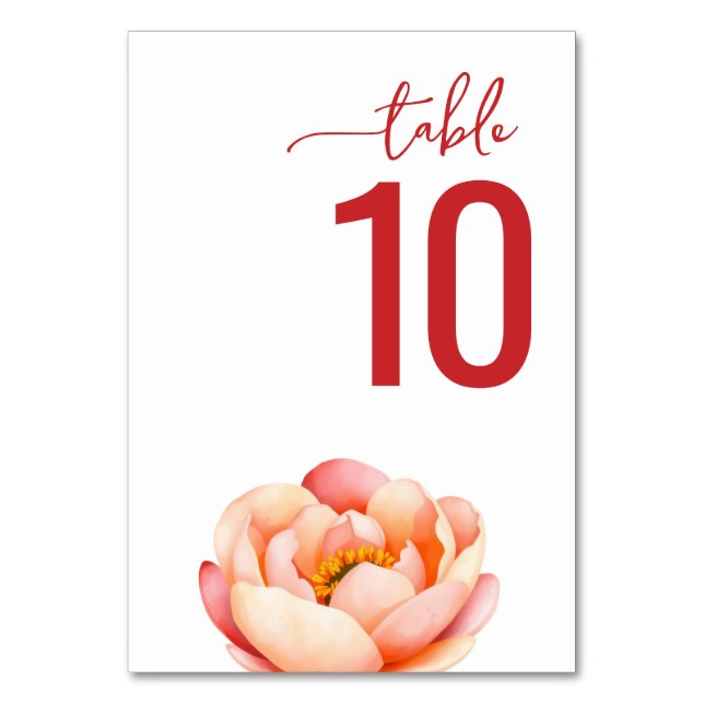 Serene Red Watercolor Peony Table Number (Front)
