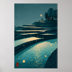 Serene Rice Field Poster, Moonlit Terraces, Torii Poster
