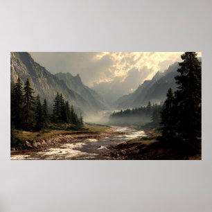 Serene River Flowing Through Mountain Hill Valley  Poster