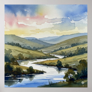 Serene River Landscape Watercolor Poster