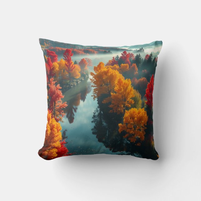 Serene River Shore Reflection Nature Art Cushion (Front)