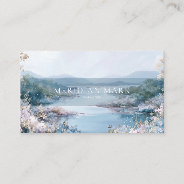 Serene River Valley Landscape Floral Gold Business Card (Front)