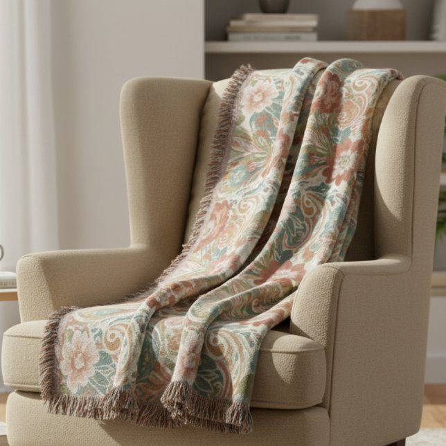 Serene Sage Terracotta Botanical Florals Throw Blanket (Heirloom floral throw blanket)