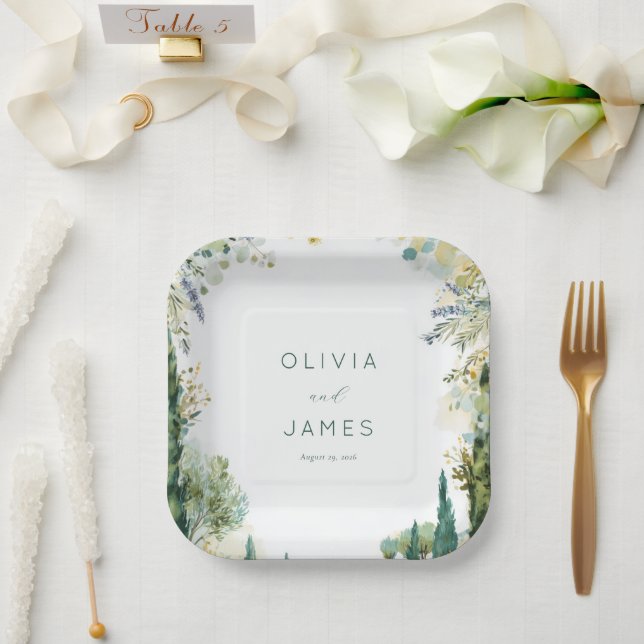 Serene Sage Watercolor Florals Paper Plate (Wedding)