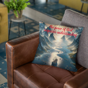 Serene Sail: Boat, Water, Mountains Cushion