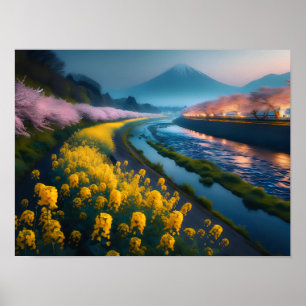 Serene Sakura and Blossoms with Majestic Mountain Poster