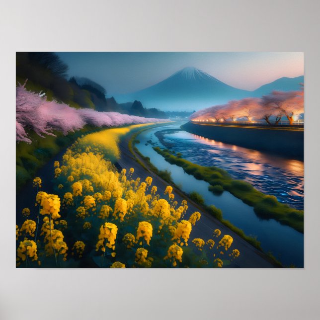 Serene Sakura and Blossoms with Majestic Mountain  Poster (Front)