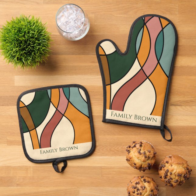 Serene Savanna Gentle Abstract Earthy Family Name  Oven Mitt & Pot Holder Set (Top Down)