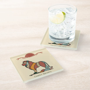 Serene Savanna Kind Lion Abstract  Family Name Glass Coaster