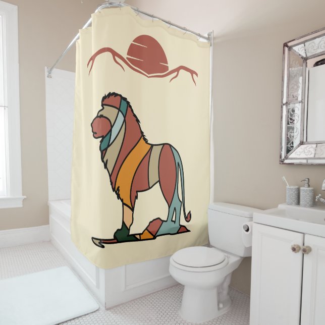Serene Savanna Kind Lion Abstract Modern Shower Curtain (In Situ)