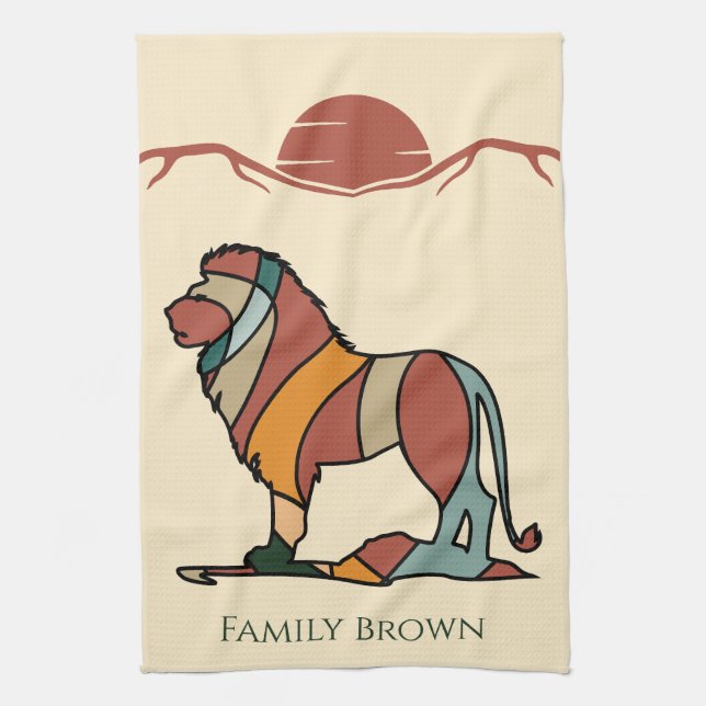 Serene Savanna Kind Lion Custom Family Name Tea Towel (Vertical)