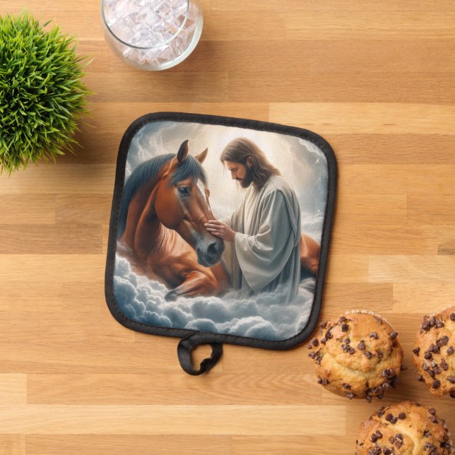 Serene Scene of Compassion with Jesus and Horse  Pot Holder (Top Down)