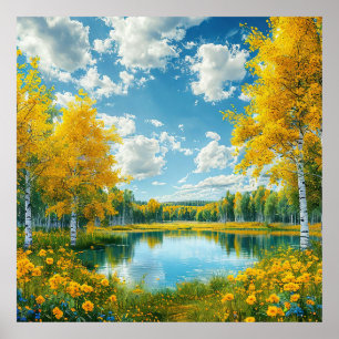 Serene Scenic Lake Landscape with Yellow Fall Tree Poster