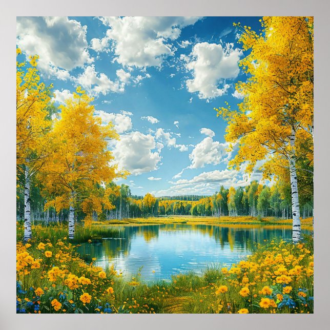 Serene Scenic Lake Landscape with Yellow Fall Tree Poster (Front)