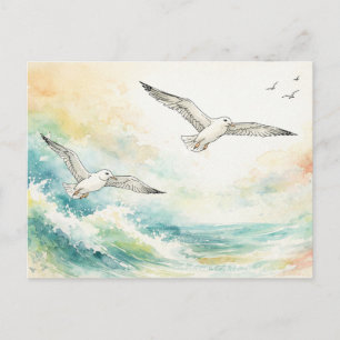 Serene Seagulls Over Ocean Waves Watercolor Holiday Postcard