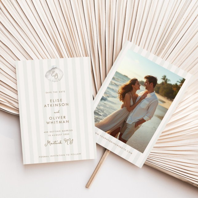Serene Shell Monogram Coastal Stripes Wedding Save The Date (Creator Uploaded)