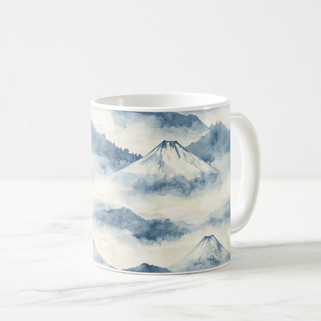 Serene Snow-Capped Mountains - Blue & White Coffee Mug (Front Right)