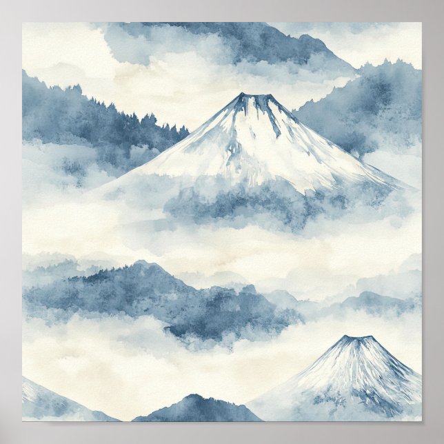 Serene Snow-Capped Mountains - Blue & White Poster (Front)