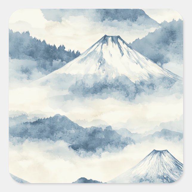 Serene Snow-Capped Mountains - Blue & White Square Sticker (Front)
