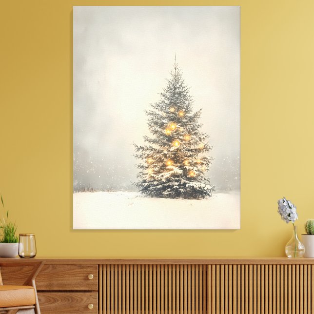 Serene Snowy Christmas Tree with Golden Glow Canvas Print (Insitu(LivingRoom))