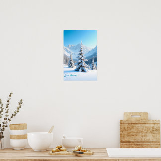 Serene Snowy Mountain Landscape & Winter Pine Tree Poster
