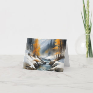 Serene snowy winter river landscape painting card