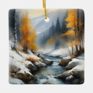 Serene snowy winter river landscape painting ceramic ornament