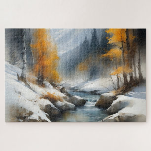 Serene snowy winter river landscape painting jigsaw puzzle