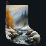 Serene snowy winter river landscape painting large christmas stocking<br><div class="desc">Breathtaking serene beaut winter watercolor painting featuring a crystal-clear river winding through snowy terrain,  surrounded by trees. Perfect for art lovers.</div>