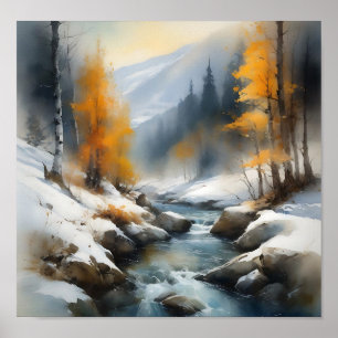 Serene snowy winter river landscape painting poster