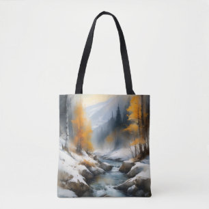 Serene snowy winter river landscape painting tote bag