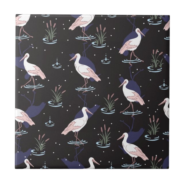 Serene Stork Pond Pattern - Elegant Reflections Tile (Front)