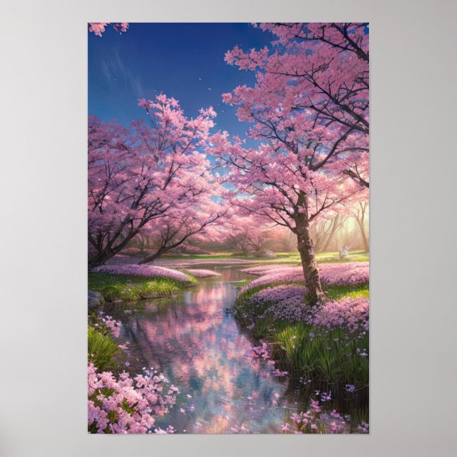 Serene Stream and Sakura Trees Poster (Front)