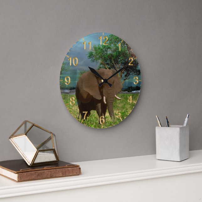 "Serene Strength: The Bull Elephant Grazing"  Large Clock (Office)