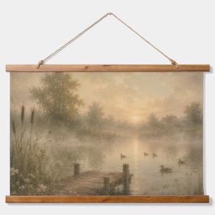 Serene Sunrise Misty Pond Wall Hanging Tapestry