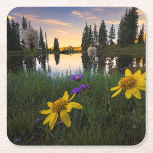 Serene Sunrise over a Colorado Pond Square Paper Coaster