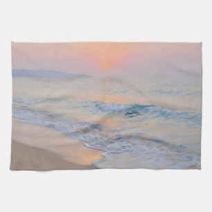 Serene Sunset Beach Ocean Glow Tea Towel