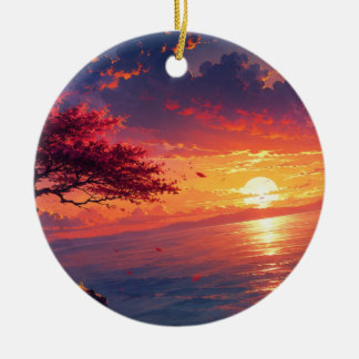 Serene Sunset Ocean Landscape Ceramic Ornament | V